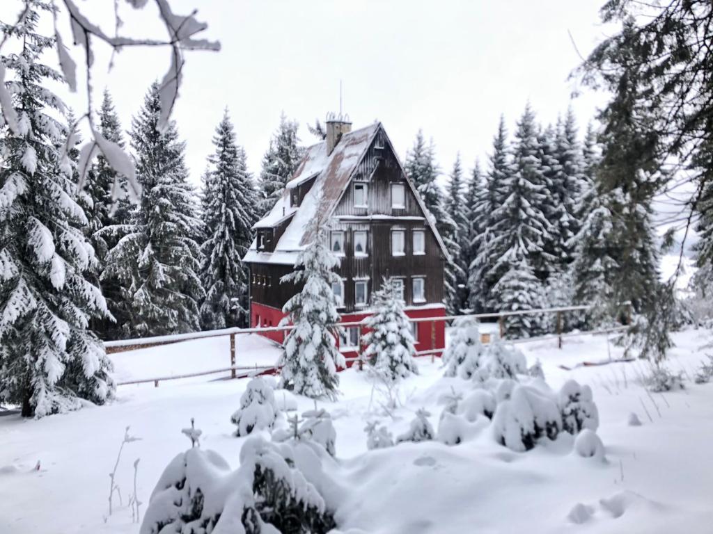 a house in a forest covered in snow at Severka in Háj