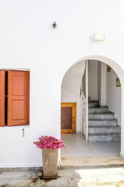a hallway with a door and a potted plant at Barvas studios Lindos in Lindos