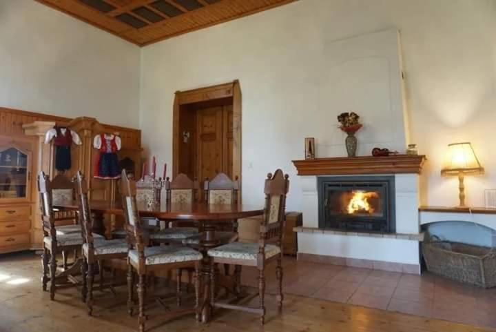 a dining room with a table and a fireplace at ŠulcBurg in Cetenov
