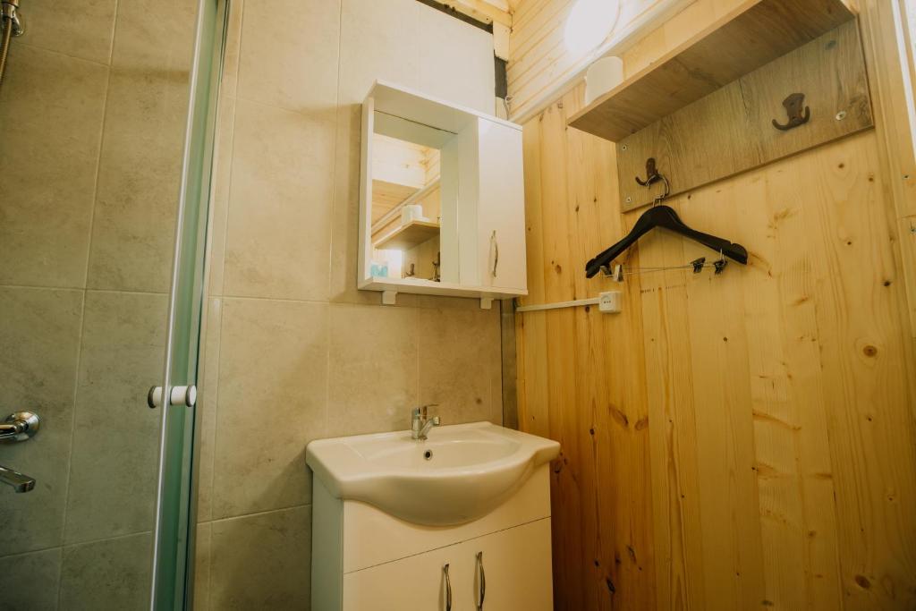 uma casa de banho com um lavatório e um chuveiro em Rivel land em Tsʼkhmorisi