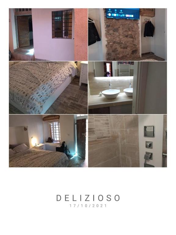a collage of pictures of a bedroom and a bathroom at la stanza di Robi in Rio Marina