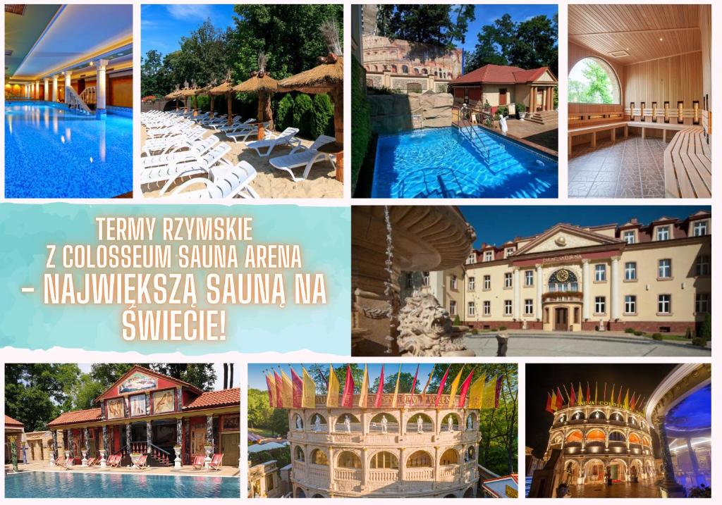 een collage van foto's van een resort en een zwembad bij Pałac Saturna in Czeladź