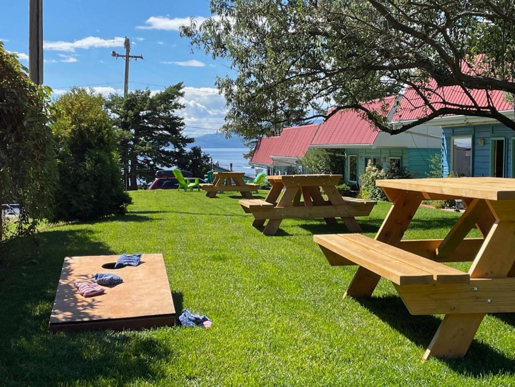 un grupo de mesas de picnic en la hierba en The Islander Inn en Bigfork