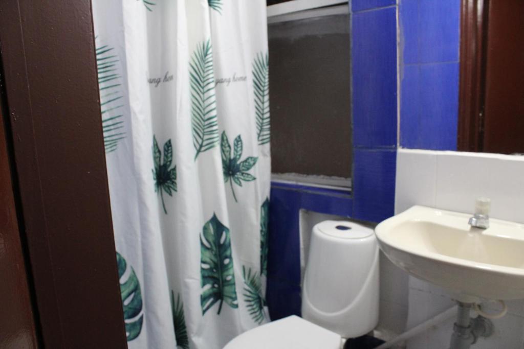 a bathroom with a toilet and a sink and a shower curtain at Hostal Cafe San Bernabe in Bogotá