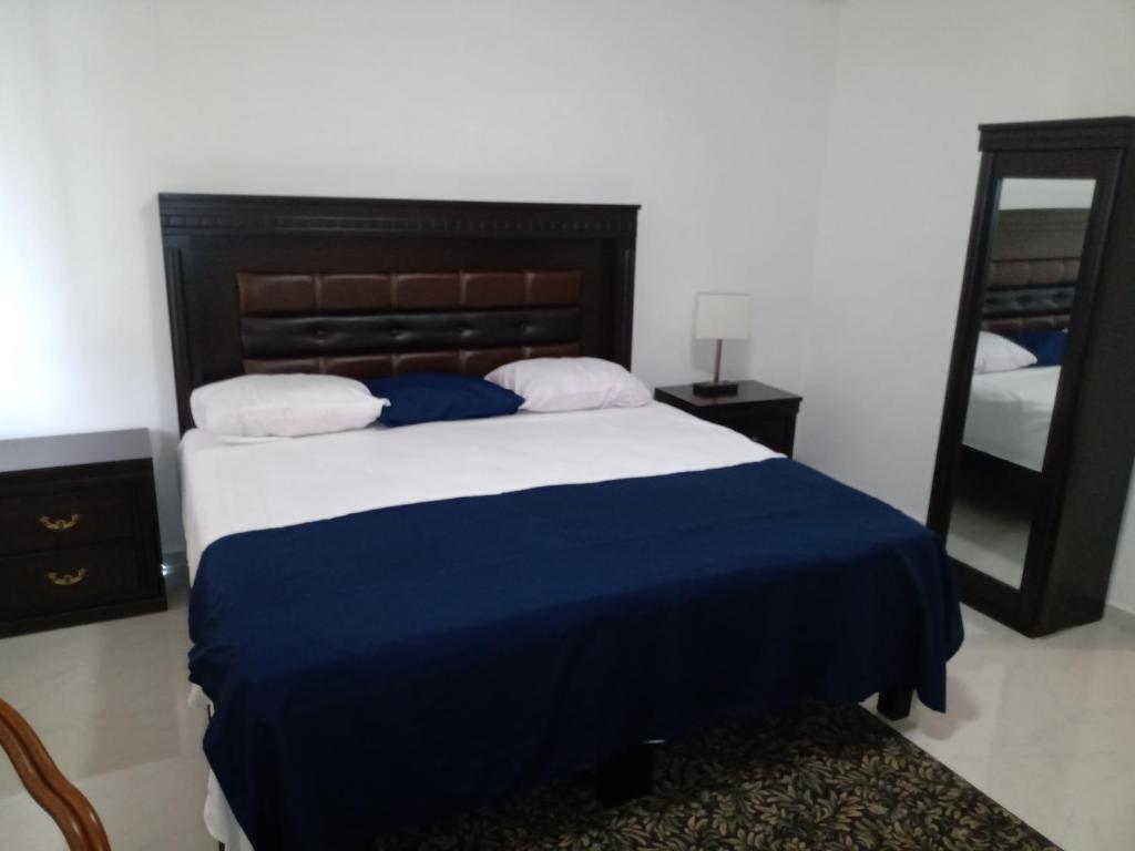 1 dormitorio con 1 cama grande y espejo en Sierra 2 en Acapulco