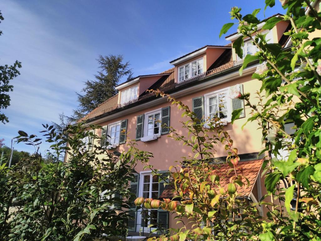 テュービンゲンにあるLandhotel Hirschの白い窓と木々が特徴のピンク色の建物