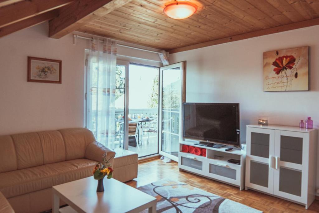 Televízia a/alebo spoločenská miestnosť v ubytovaní Armonia Altach, 2-6 P, 2 Schlafzimmer, Küche, Parkplatz, Balkon, Wifi, Garten, Stellplatz für Ski
