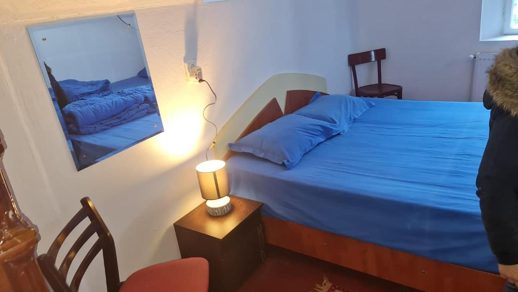 a bedroom with a blue bed and a mirror at Camping Aviator Busteni, camere in Buşteni
