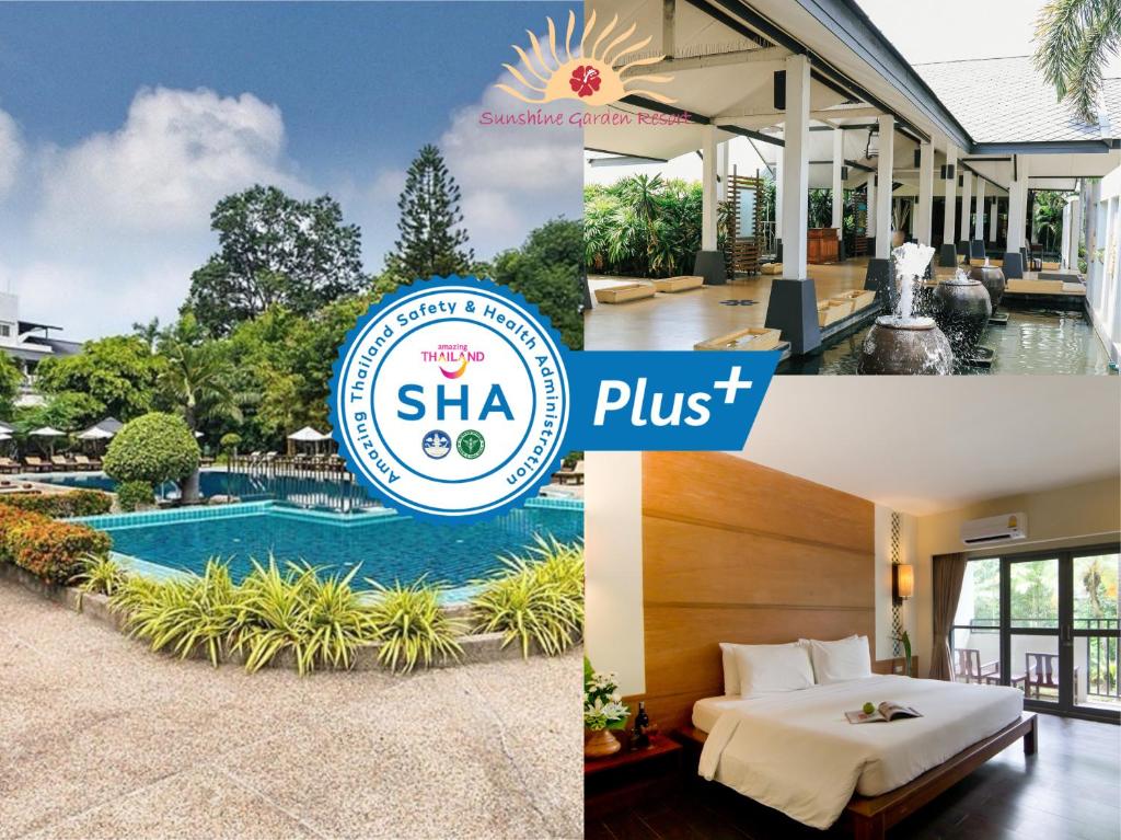 un collage de fotos con un hotel y un logotipo de complejo en Sunshine Garden Resort, en Norte de Pattaya