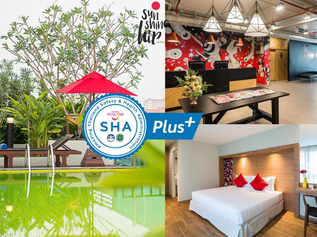 a collage of photos with a hotel room and a sign that says shka at Sunshine Hip Hotel in Pattaya Central