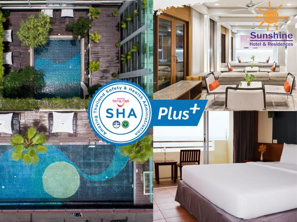 a hotel room with a bed and a sign that says shha plus at Sunshine Hotel & Residences in Pattaya