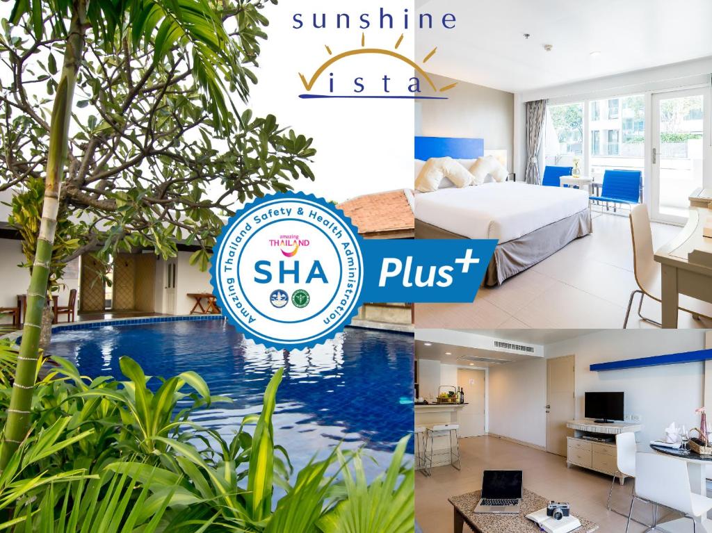 a collage of photos with a hotel room and a pool at Sunshine Vista Hotel in Pattaya