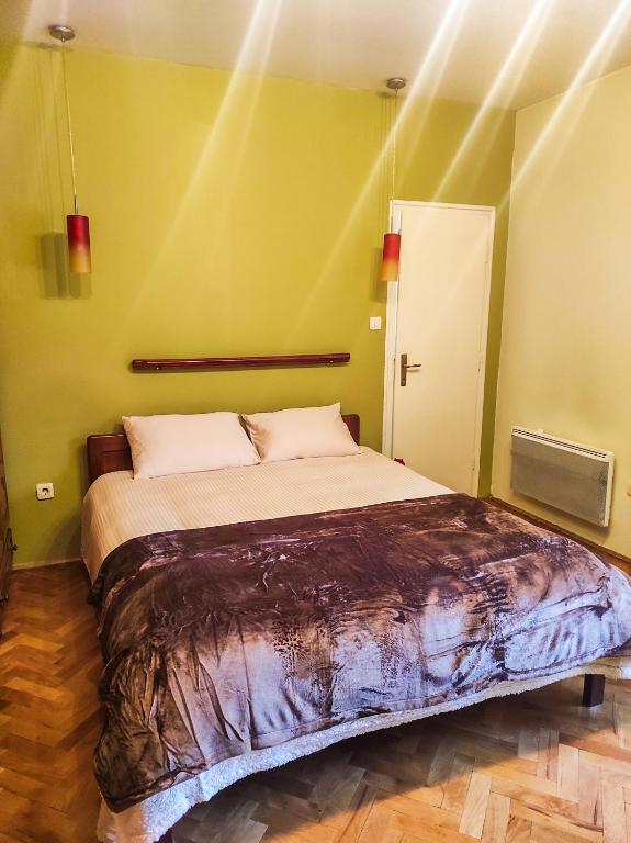 1 dormitorio con 1 cama grande en una pared verde en Center 1 Podgorica en Podgorica