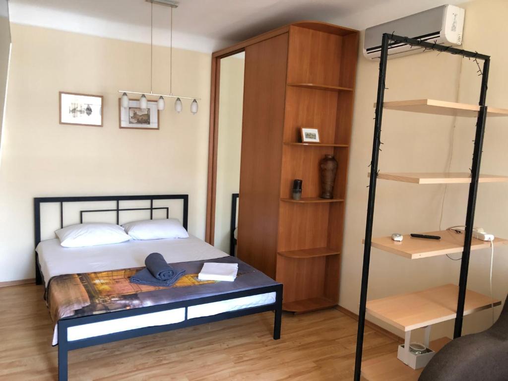 1 dormitorio con cama y estante para libros en Doba in ua Starokazatskay Apartments, en Dnipro