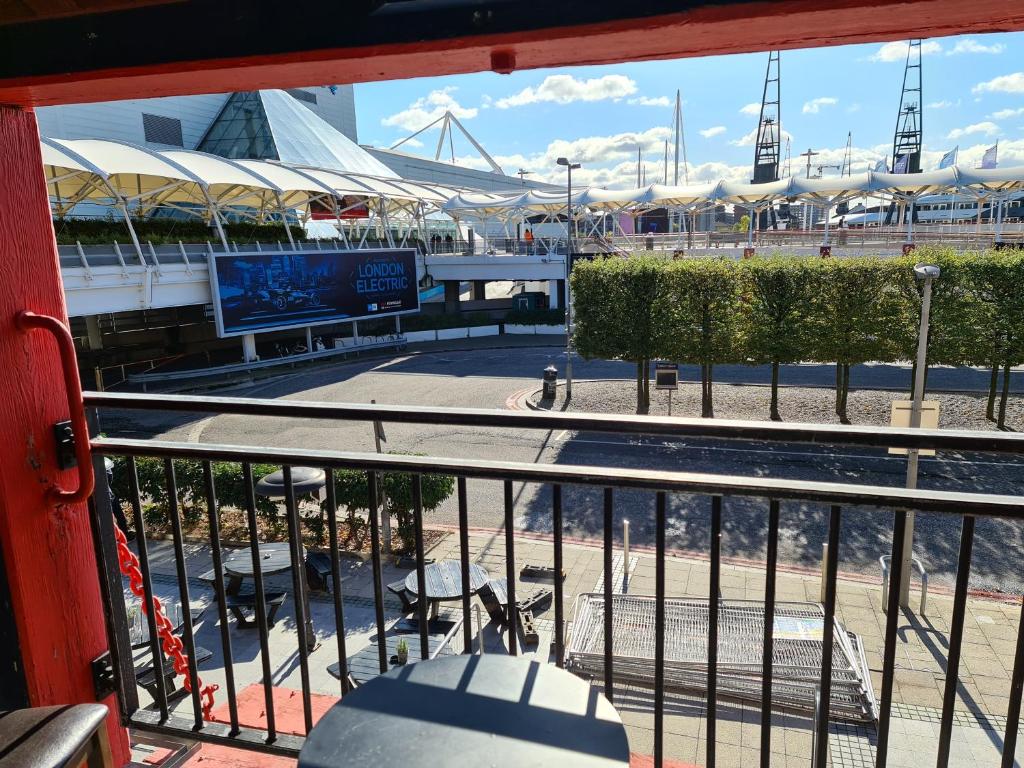 a view of a baseball stadium from a balcony at SNG Apartments Excel in London
