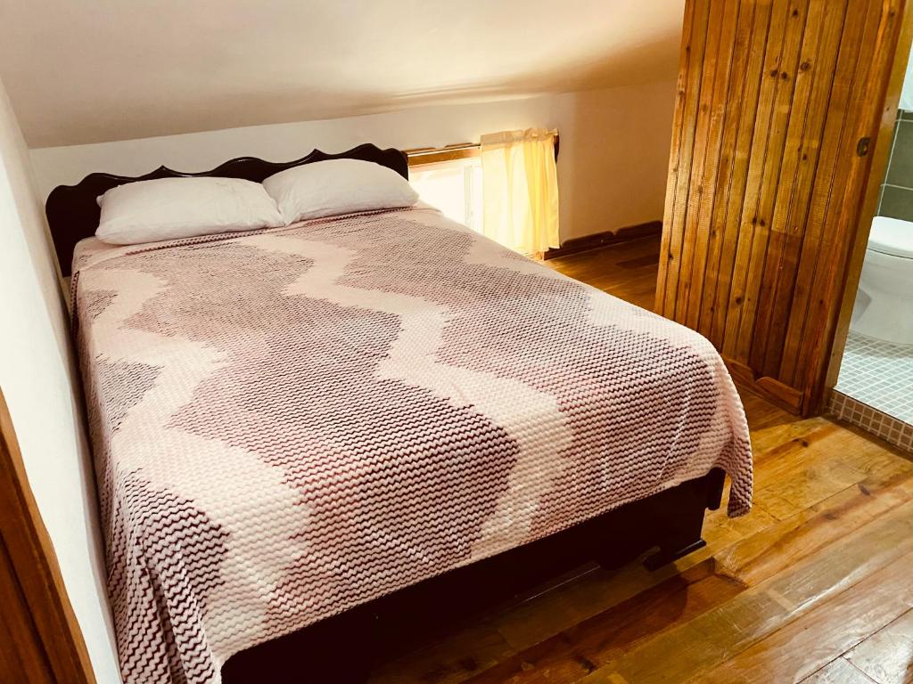 a bedroom with a bed with a brown and white blanket at Hotel Caribbean View in Bocas Town