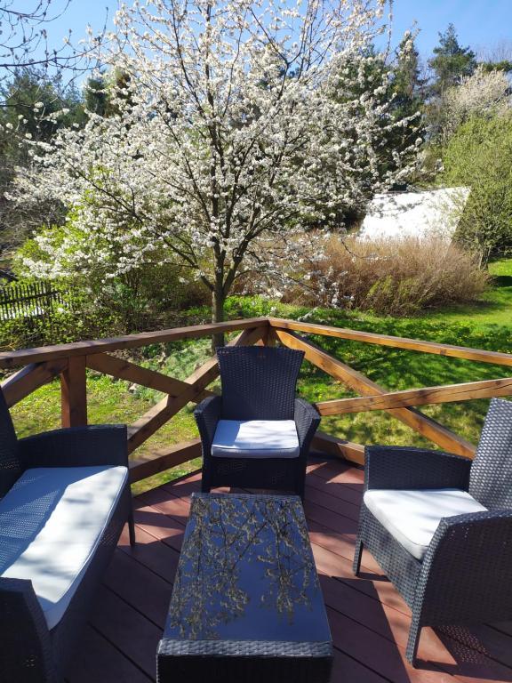 2 Stühle und ein Tisch auf einer Terrasse mit einem Baum in der Unterkunft Forest Cottage Brdy in Věšín