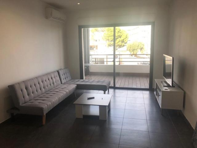 a living room with a couch and a tv at T3 moderne et spacieux à BASTIA in Bastia