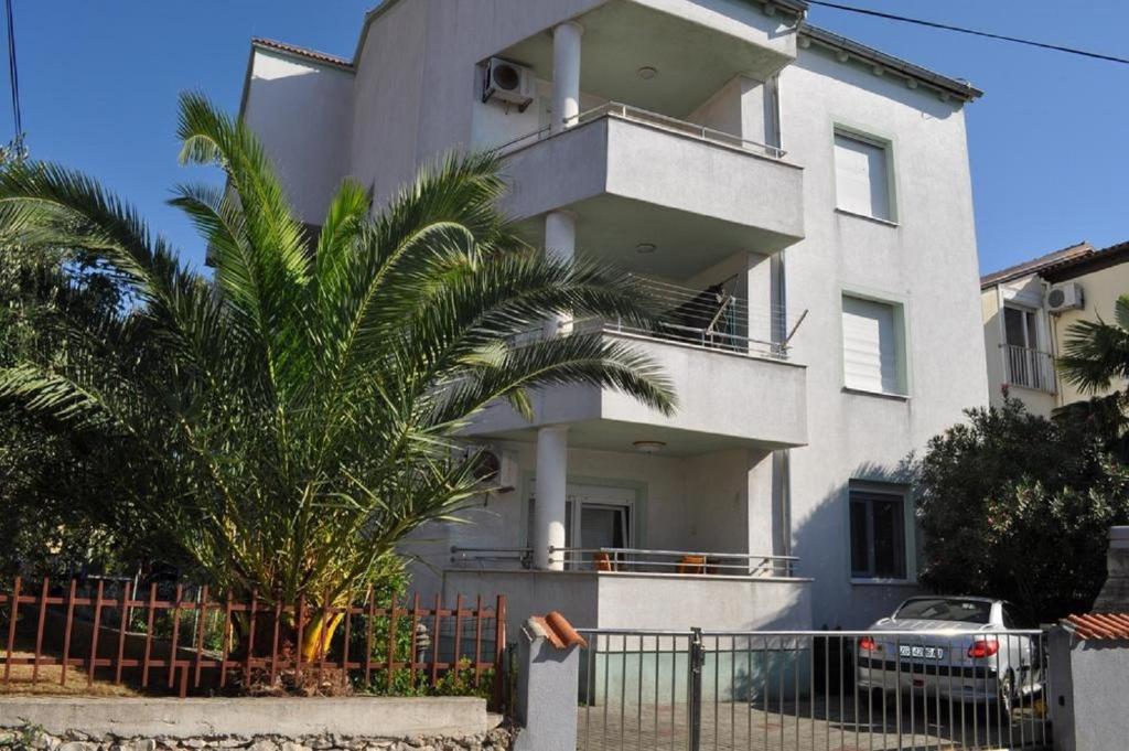 a white building with a palm tree in front of it at Apartment Milka - 150 m from sea in Biograd na Moru