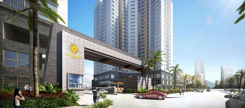 un montage d'un bâtiment avec une voiture dans un parking dans l'établissement Star Lake Daewoo Tay Ho Luxury Apartment, à Hanoï