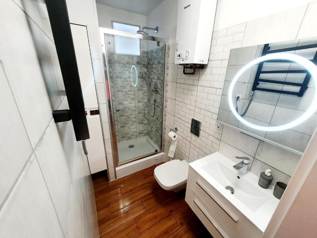 a bathroom with a shower and a toilet and a sink at Apartament GOOD POINT - RYBAKI Gdańsk in Gdańsk