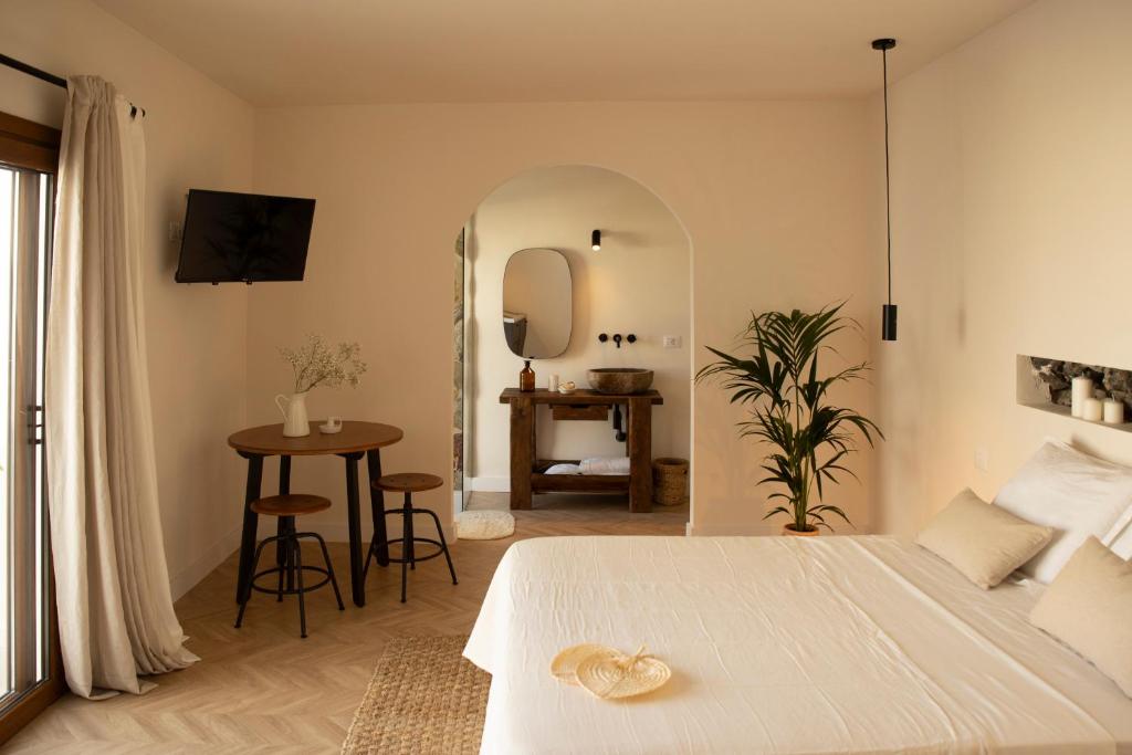 a bedroom with a bed and a table and a mirror at San Felipe Suites in Puerto de la Cruz