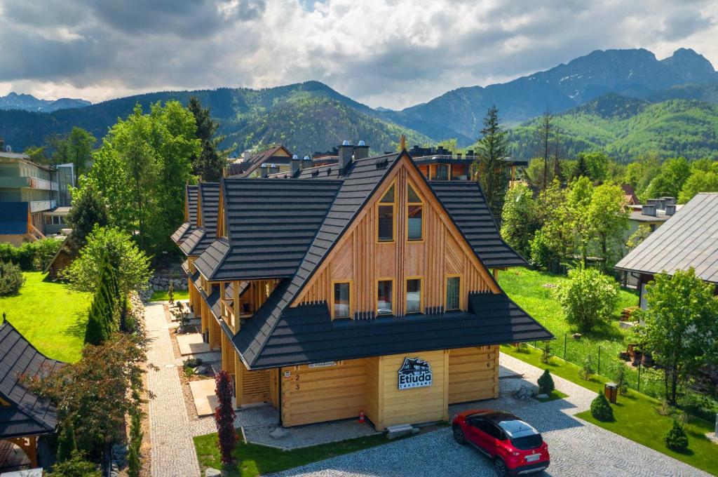 widok na dach domu z czarnym dachem w obiekcie Etiuda Zakopane w Zakopanem