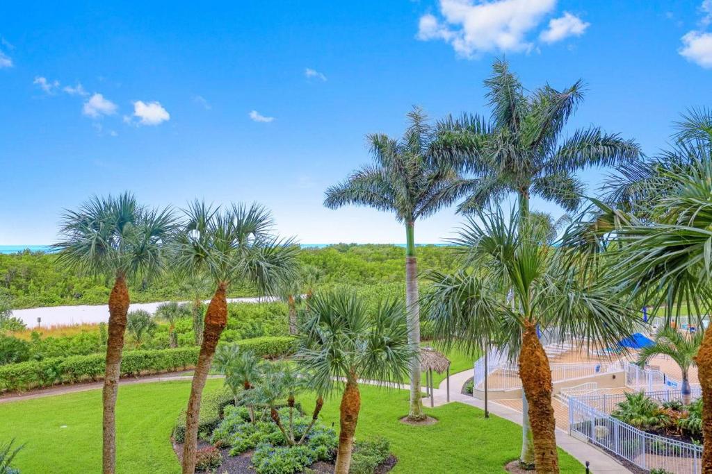 un grupo de palmeras en un parque en Beachfront condo with heated pool, gym and pickleball, en Marco Island