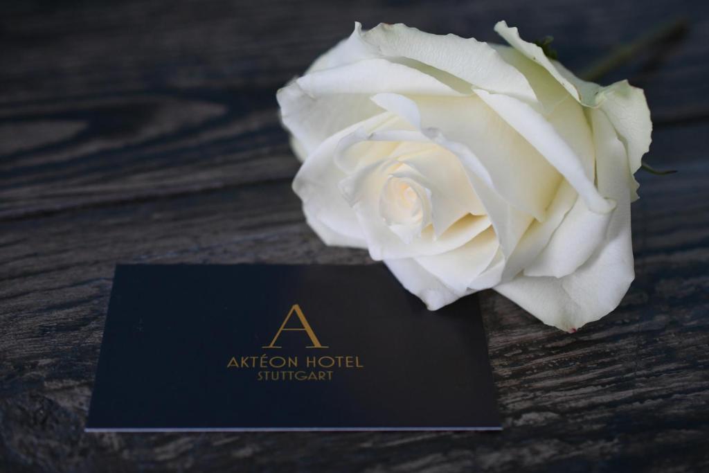 una rosa blanca sentada junto a una tarjeta de hotel en Akteon Hotel en Stuttgart