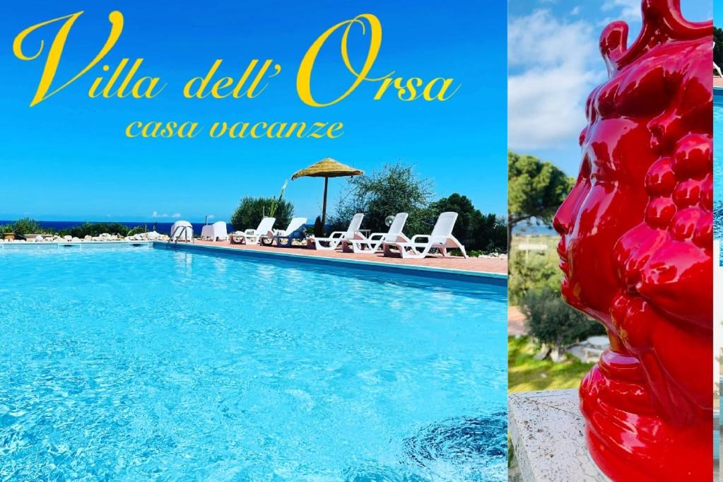 een collage van foto's met een zwembad en een rood standbeeld bij Villa dell’Orsa in Cinisi