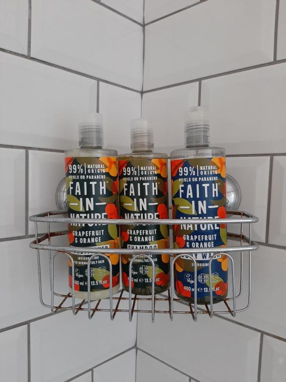 a rack with four bottles of paint on a wall at Home from Home Stay Margate in Margate