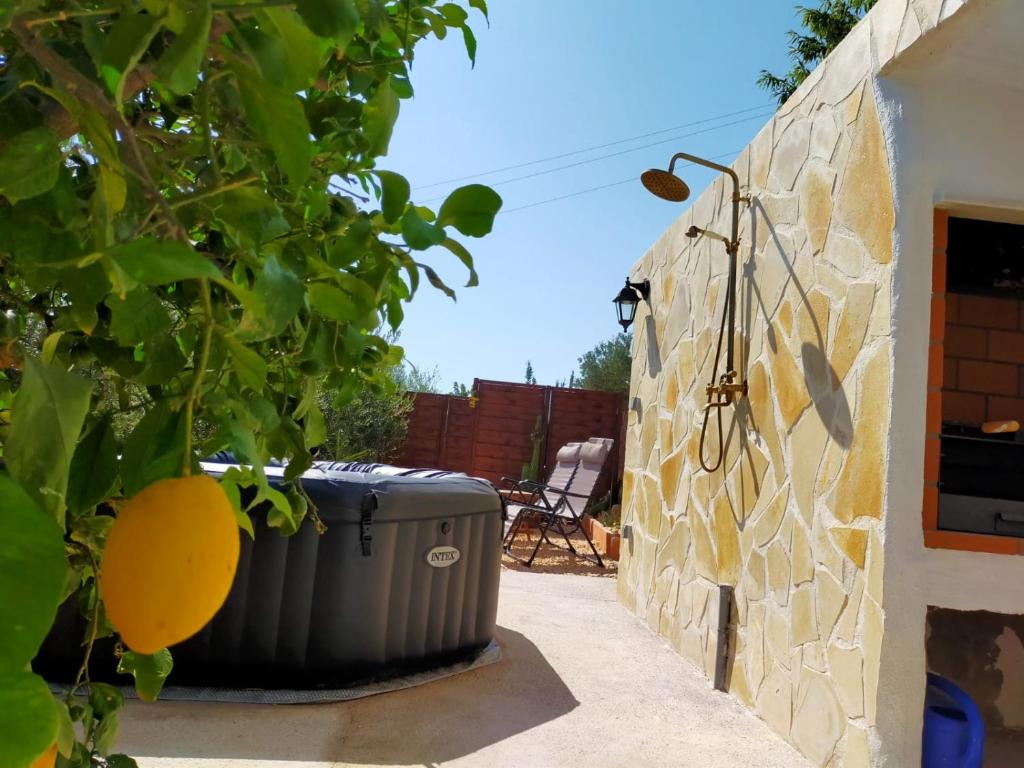 ein Fass an der Seite einer Wand neben einem Baum in der Unterkunft Casa Rural Buenavista Pedralba in Pedralba