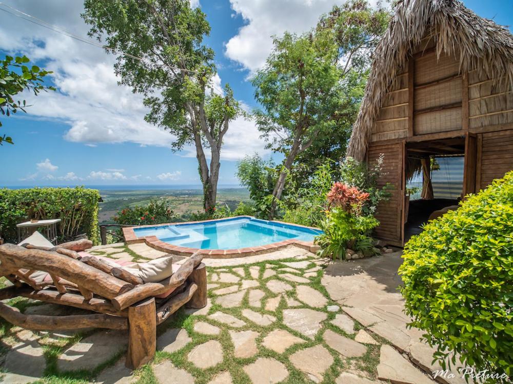 a patio with a pool and a tree at Ecolodge Tubagua Puerto Plata in Tubagua