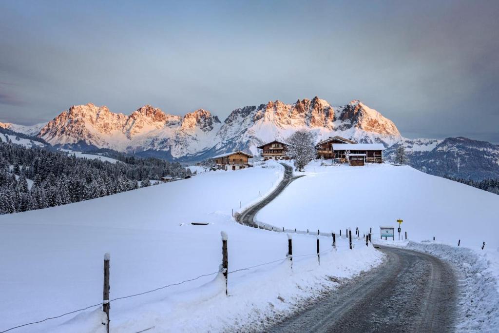 uma estrada coberta de neve que leva a uma casa nas montanhas em Bio Yoga Hof Kitzbühel em Kitzbühel