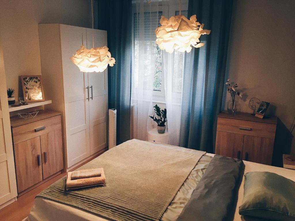 1 dormitorio con 1 cama con cortinas azules y ventana en AJ - tér apartman miskolc en Miskolc
