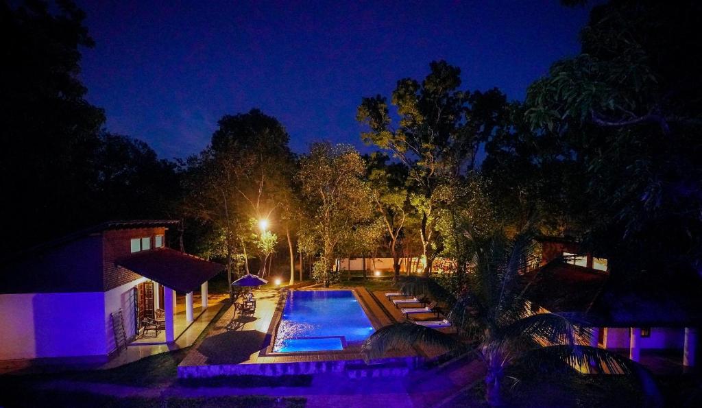 a house with a swimming pool at night at Vaana Resort in Habarana