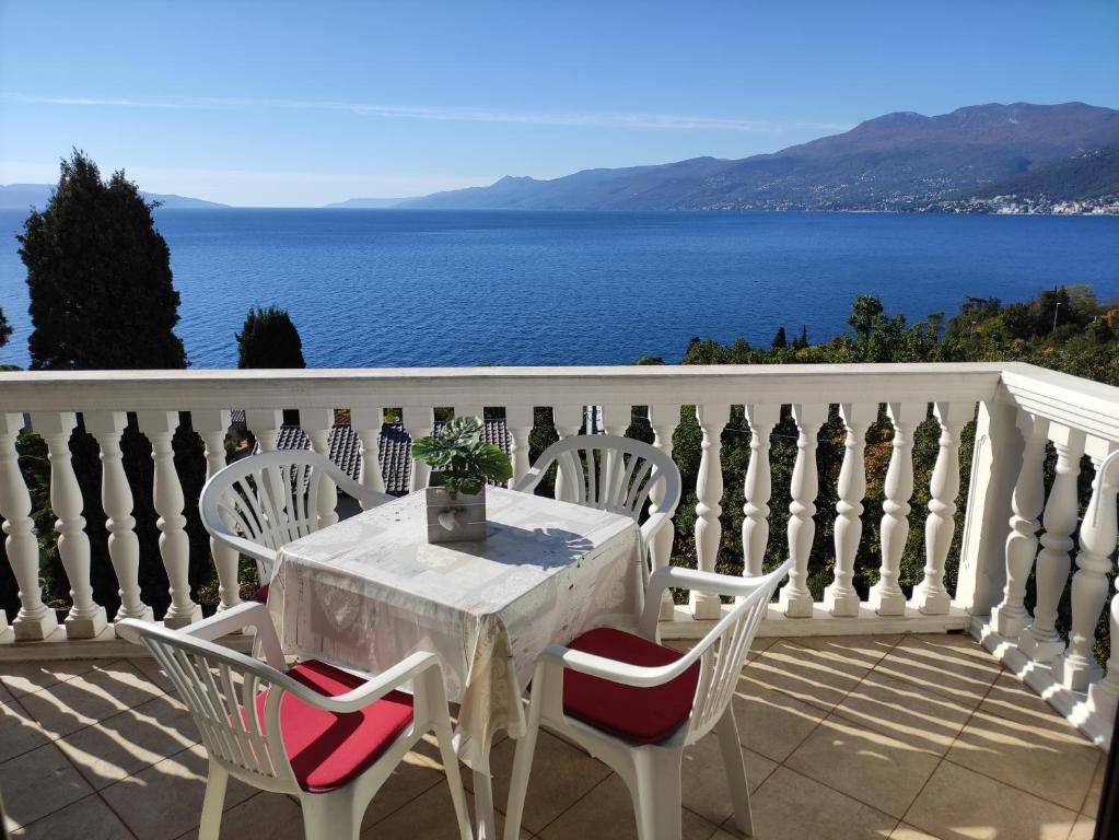 uma mesa e cadeiras numa varanda com vista para a água em Apartman Lamia s pogledom na more em Rijeka