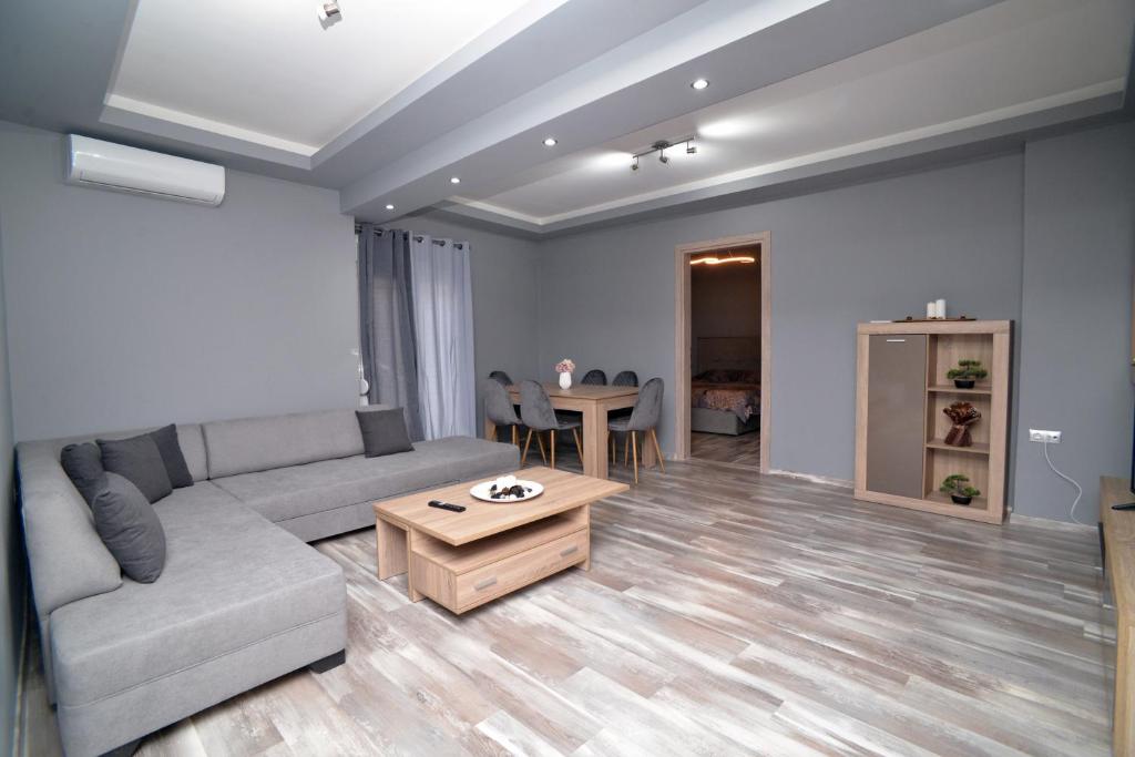 - un salon avec un canapé et une table dans l'établissement luxury apartment st Demetrios downtown, à Thessalonique
