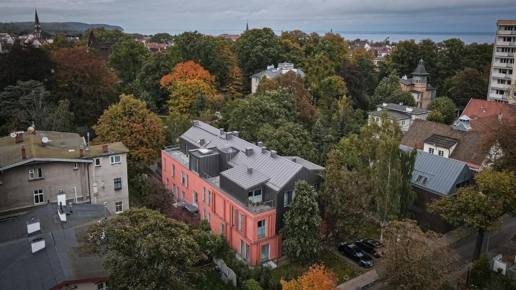 an aerial view of a building in a city at Chummy House Sopot in Sopot