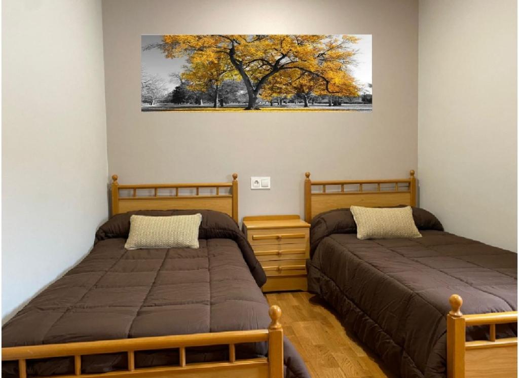 twee bedden in een slaapkamer met een foto aan de muur bij CHALET A SOLO 5 MIN DE OURENSE CIUDAD con jardín y barbacoa in Ourense