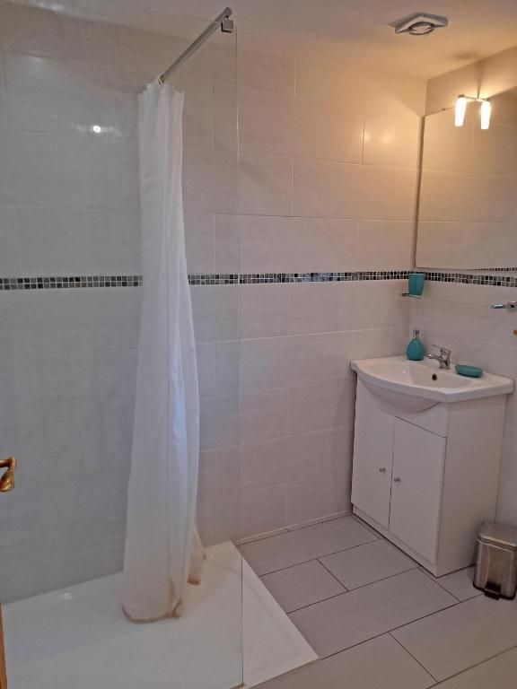 a white bathroom with a shower and a sink at Les Maricotais Gîte La Crécerelle in Trévérien