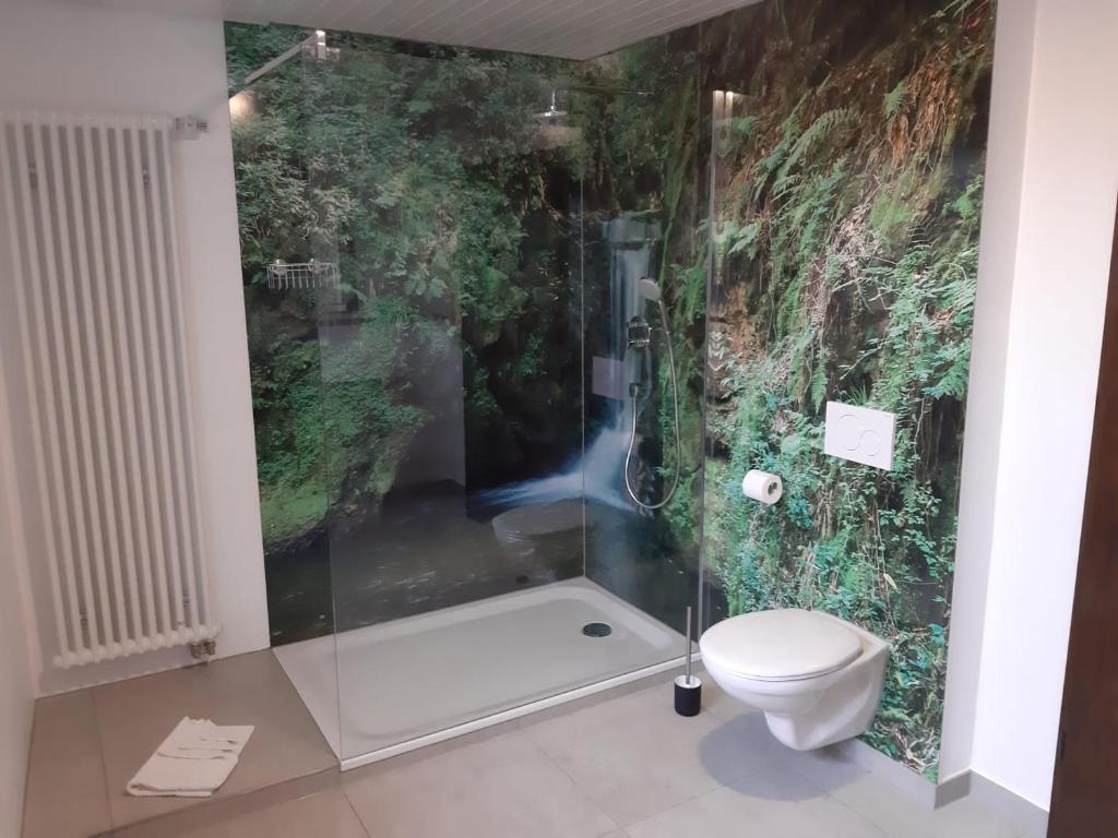 uma casa de banho com chuveiro e WC em Ferienwohnung Herds Eintracht em Baden-Baden