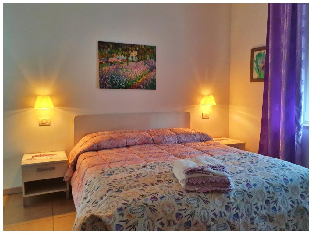 1 dormitorio con 1 cama con 2 lámparas y una pintura en la pared en Al Pozzo, en Negrar