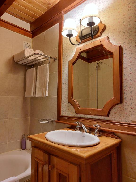 a bathroom with a sink and a mirror and a tub at Ushuaia Lodge Las Margaritas 430 in Ushuaia