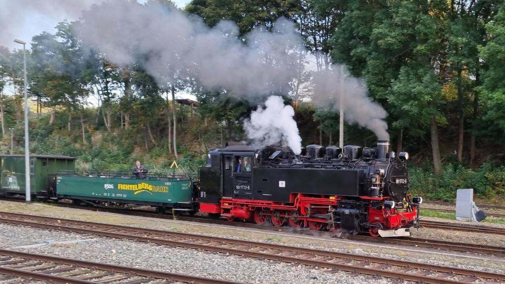 un tren de vapor que viaja por las vías en Ferienwohnung Kaufmann, en Sehma