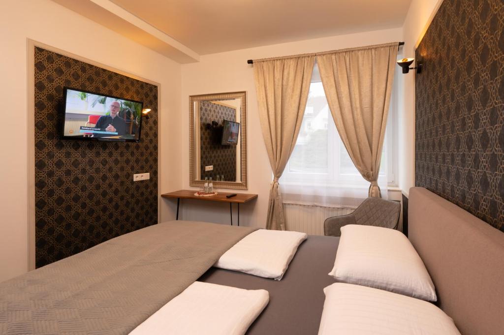 a hotel room with a television and a bed at Hotel Burgblick in Bonn