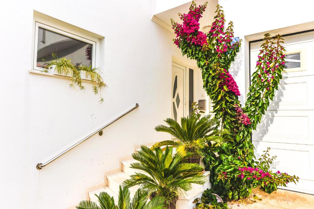 ein weißes Haus mit rosa Blumen auf der Treppe in der Unterkunft Apartments Inga in Novalja