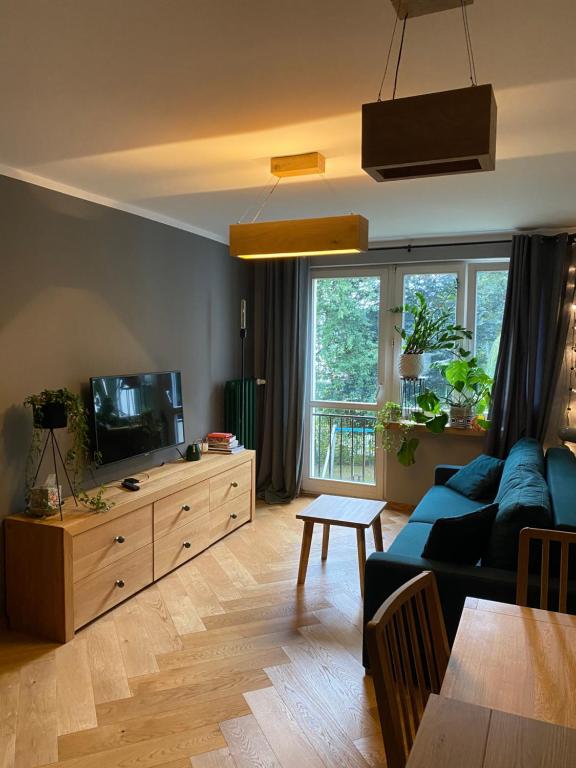 uma sala de estar com um sofá azul e uma televisão em Apartament Krakowska em Bochnia