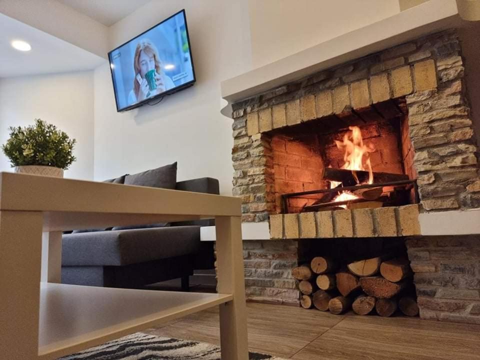 a living room with a fireplace with a tv above it at Amber Coast Apartments Palanga in Palanga