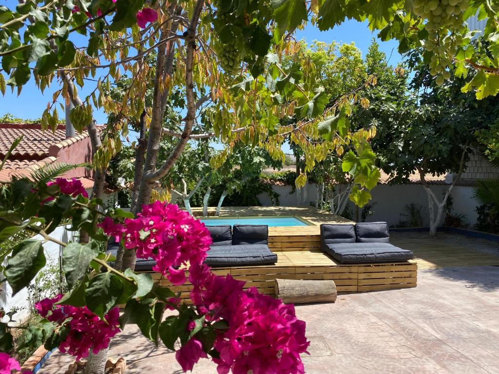 um pátio com dois sofás e flores junto a uma piscina em Azul añil EL PATIO Casa rural en Alameda em Alameda